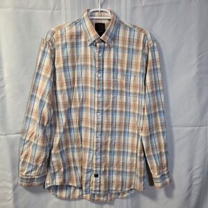 F/X Fusion Button Down Shirt Mens L Blue Orange Plaid Long Sleeve Cotton Pocket